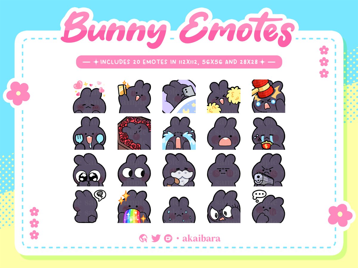 akaibara's tweet image. Funny Bunny Emotes  ‧₊˚✩彡 
────── ⋆⋅☆⋅⋆ ──────  

✦ 20 emotes in 112x112, 56x56, and 28x28 
✦ Also available in brown, black, and pink 
✦ Extra 3 F2U emotes available on Ko-fi 
✦ Shop links in comment below