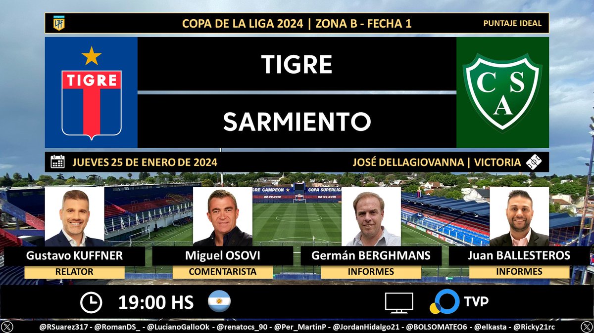 ⚽ #CopaDeLaLiga 🇦🇷 | #Tigre vs. #Sarmiento 🎙 Relator: @GustavoKuffner 🎙 Comentarista: @MiguelOsovi 🎙 Informes: @gbgerman y @Jeballesteros 📺 @TV_Publica 🇦🇷 🤳 #FútbolATP - @PrensaTVP Dale RT 🔃