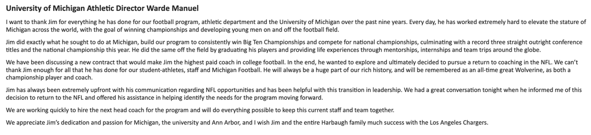 UMichFootball's tweet photo. A statement from Warde Manuel https://t.co/2fEayQn6Zt