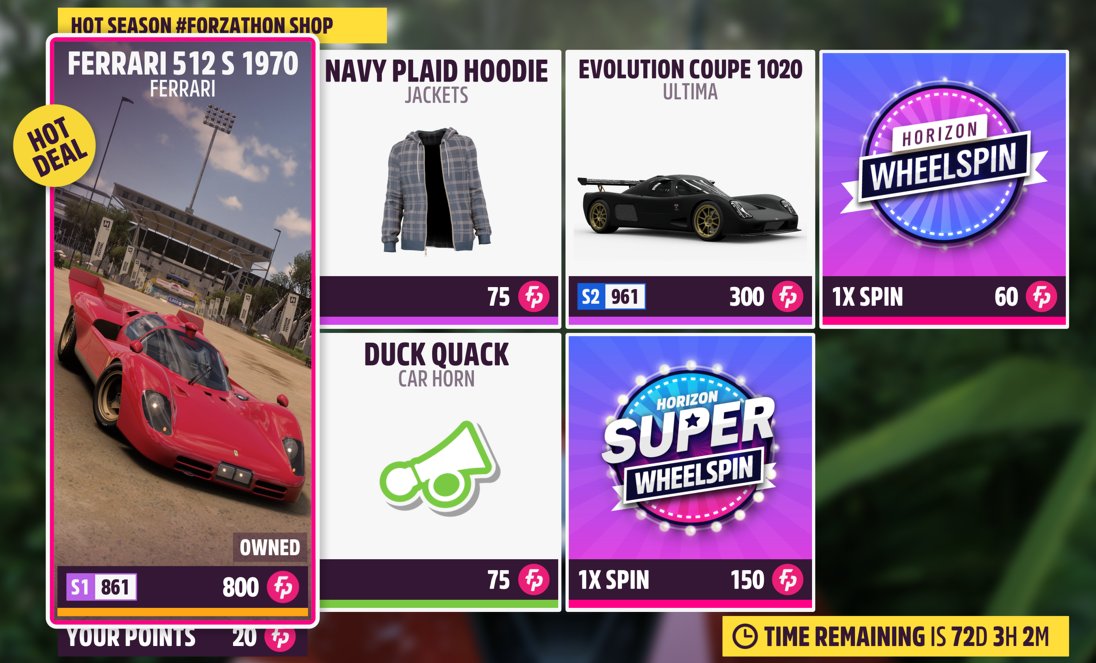 ForzaHorizon5UK's tweet photo. #ForzathonShop

Series 29 - Hot Season

'70 Ferrari 512 S - 800fp
Ultima Evo Coupe 1020 - 300fp
Navy Plaid Hoodie (Jackets)
Duck Quack (Car Horn)

#H5FB #Forza #Horizon #FH5 #HotSeason #Series29 #CommunityChoice https://t.co/LtF8B760tc