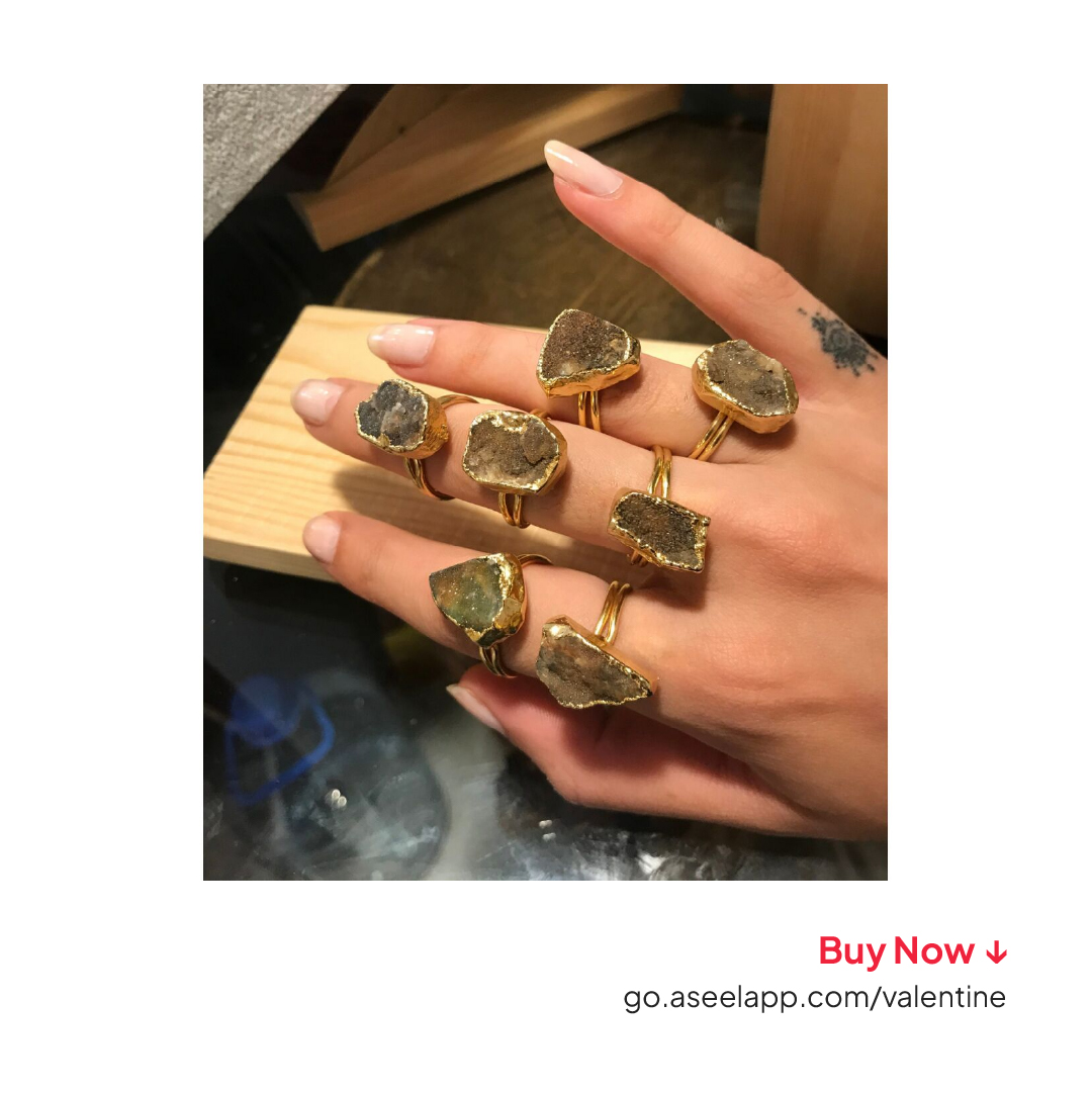 ASEELApp's tweet photo. Day 3 of the Valentine collection! 
We have rings; each ring a promise, each sparkle a story. Give the gift of handmade to your valentine. 
Shop at https://t.co/S0x8Nrjgs7 

#aseelapp #buygood #handmade #valentine https://t.co/uObWAYGnGw