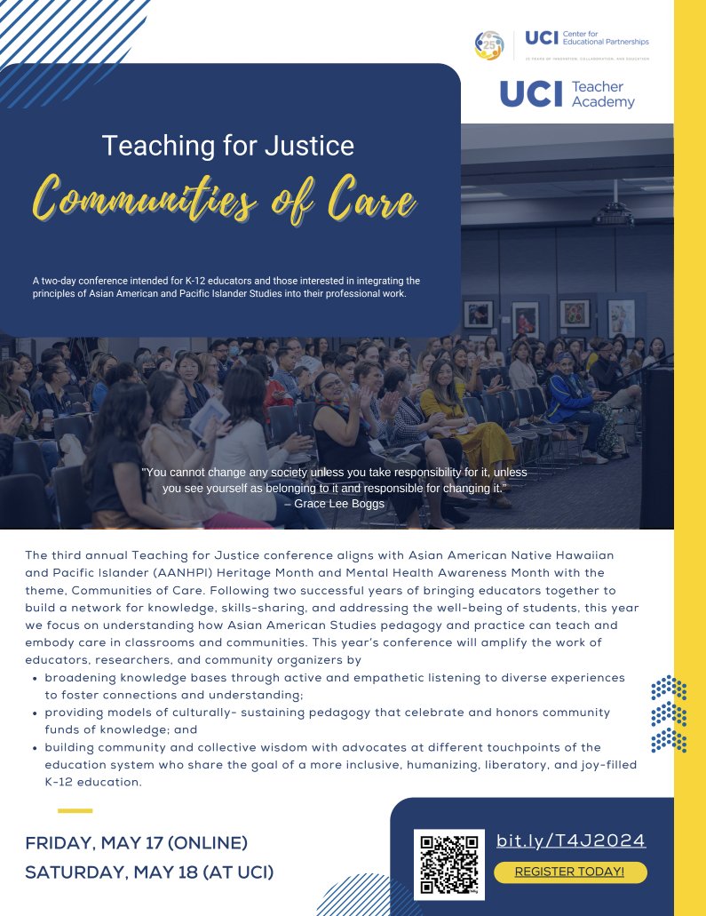 🥳 It is with immense joy that I announce our 2024 Teaching for Justice Conference: ✨COMMUNITIES OF CARE✨ I hope you'll join us and help spread the word! Registration is now open bit.ly/T4J2024 @stacyyung @UCIEducation @edu_to_empower