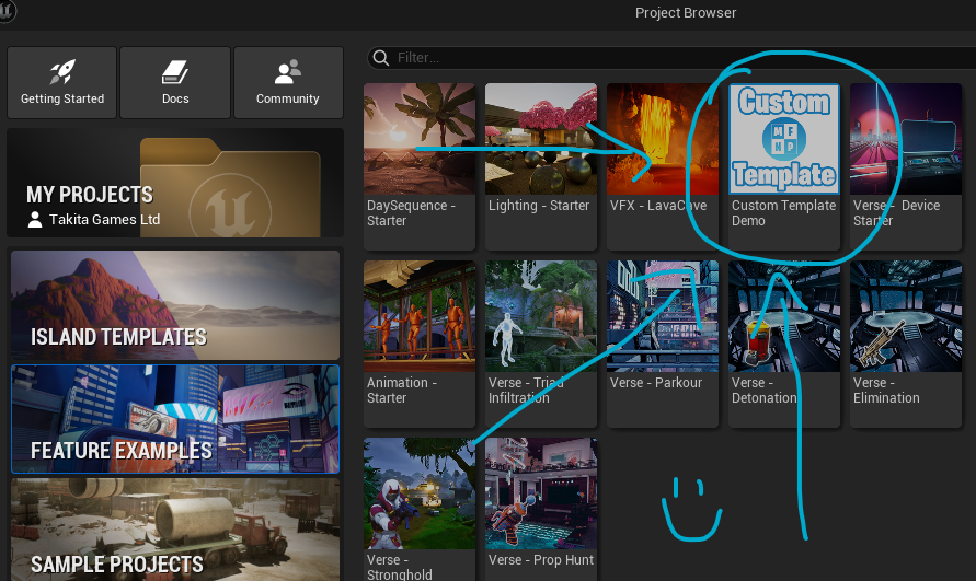 If you're interested in creating a custom template project for #UEFN:

You can go to your installation of "Epic Games\Fortnite\FortniteGame\VKTemplates", and follow the structure epic has used to create their templates.

Is there an easier way? This is pretty simple imo...