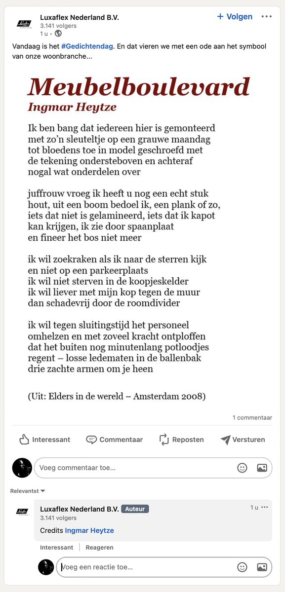 Luxaflex Nederland viert Gedichtendag :-)