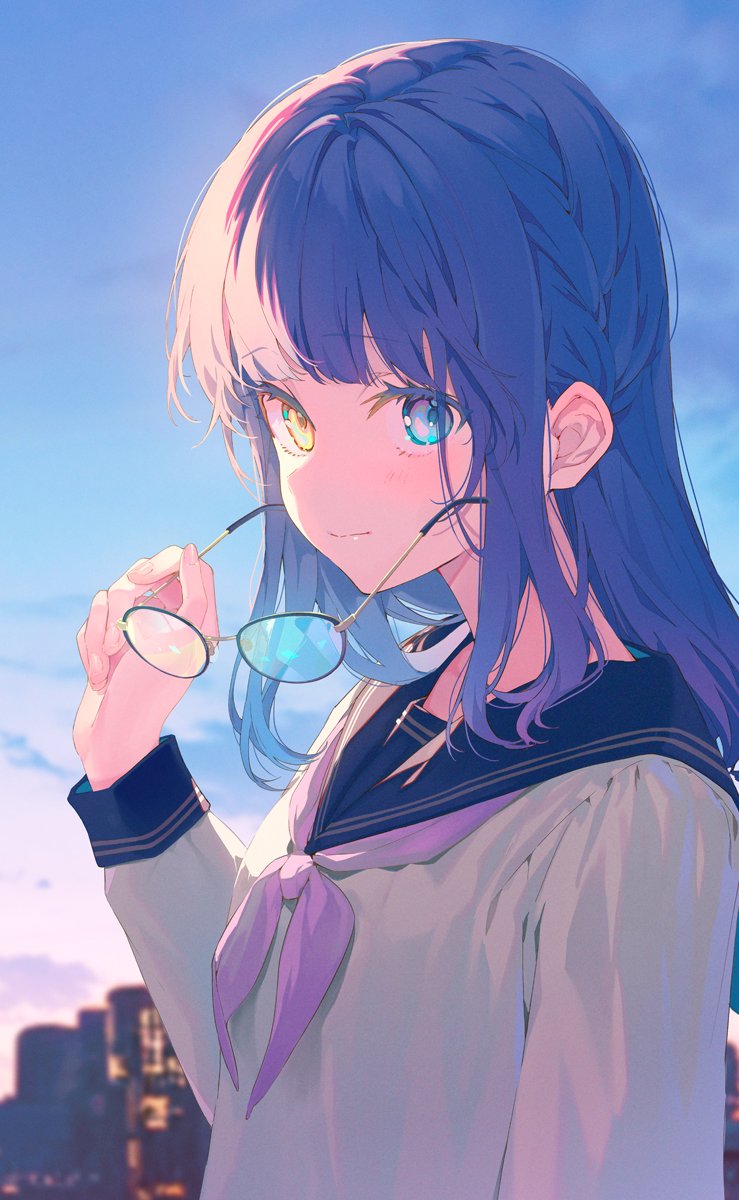 1girl solo holding holding eyewear glasses school uniform looking at viewer  illustration images