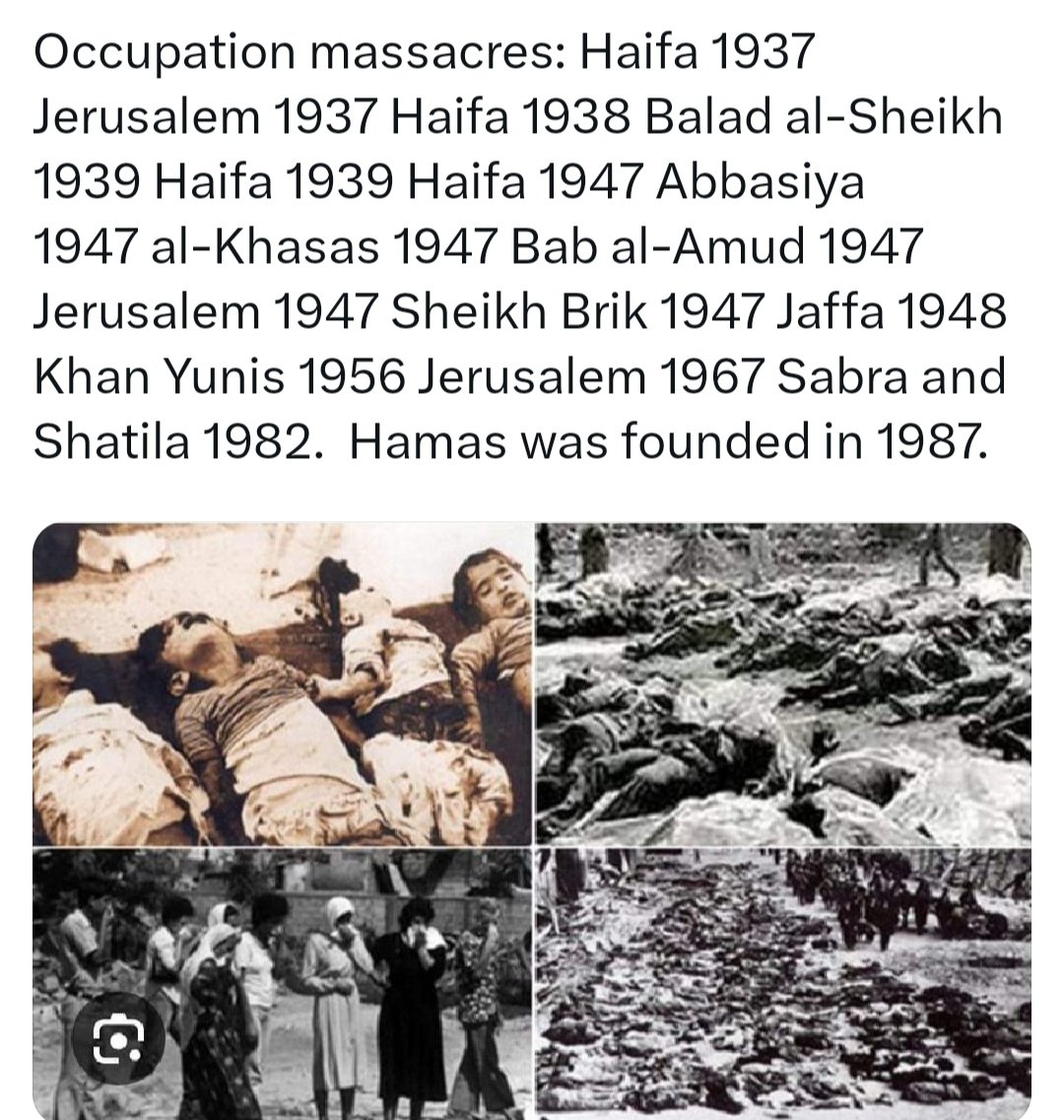 MkhtarFlah's tweet photo. @jowass65 @shabansara89 @Katnow123 The trivial argument that says that Hamas is the cause and that Hamas takes civilians as human shields. Hamas was founded in 1987. How do you explain these massacres that occurred before the emergence of Hamas?  Who was using civilians as human shields at that time? https://t.co/8BJF8oTzV6