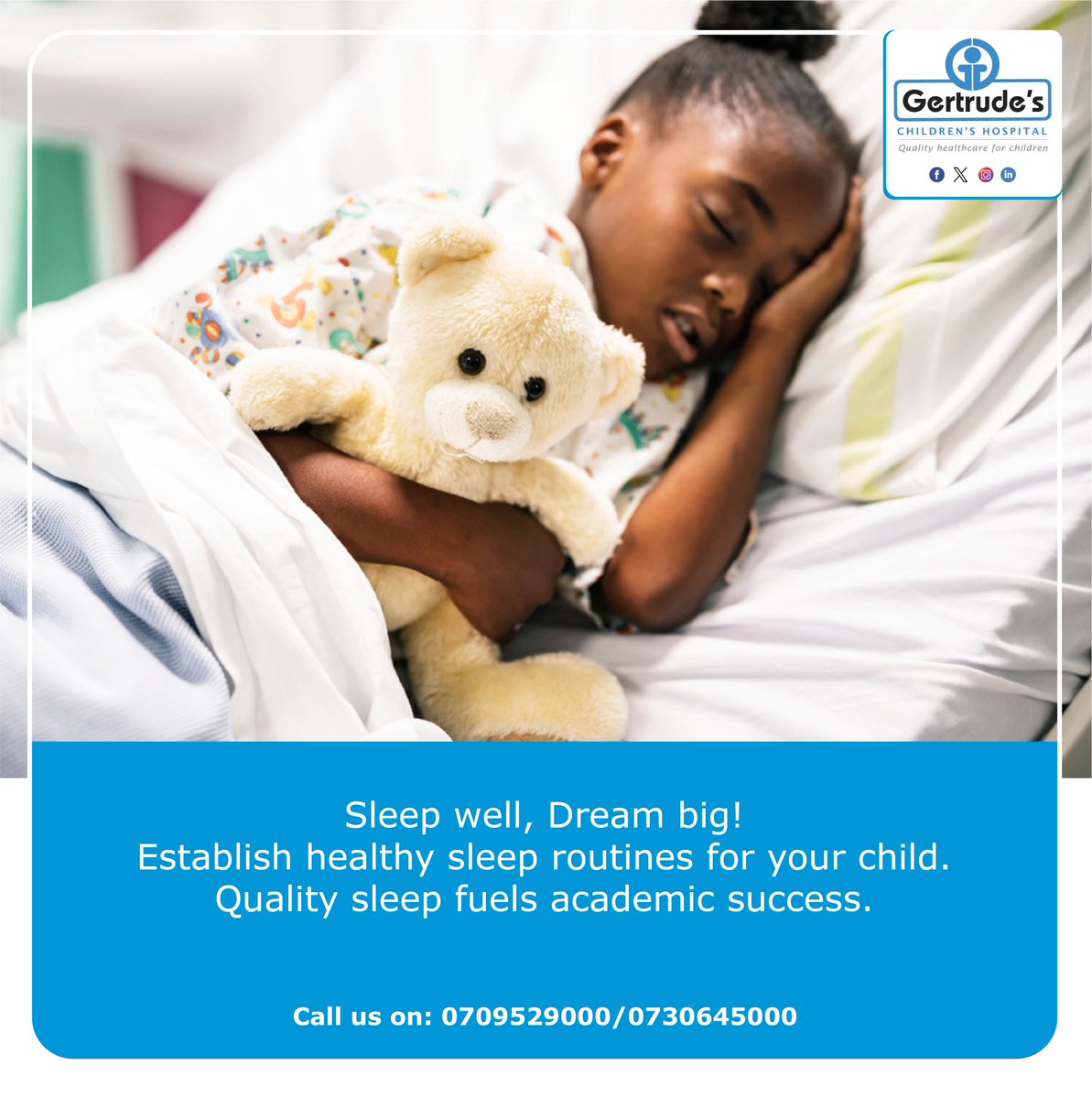 Unlock the secrets to better sleep for your child. Gertrude's Children's Hospital is here to guide you. Call 0709529000 to schedule an appointment with our paediatricians.​ #GertrudesKe #UlizaDaktari