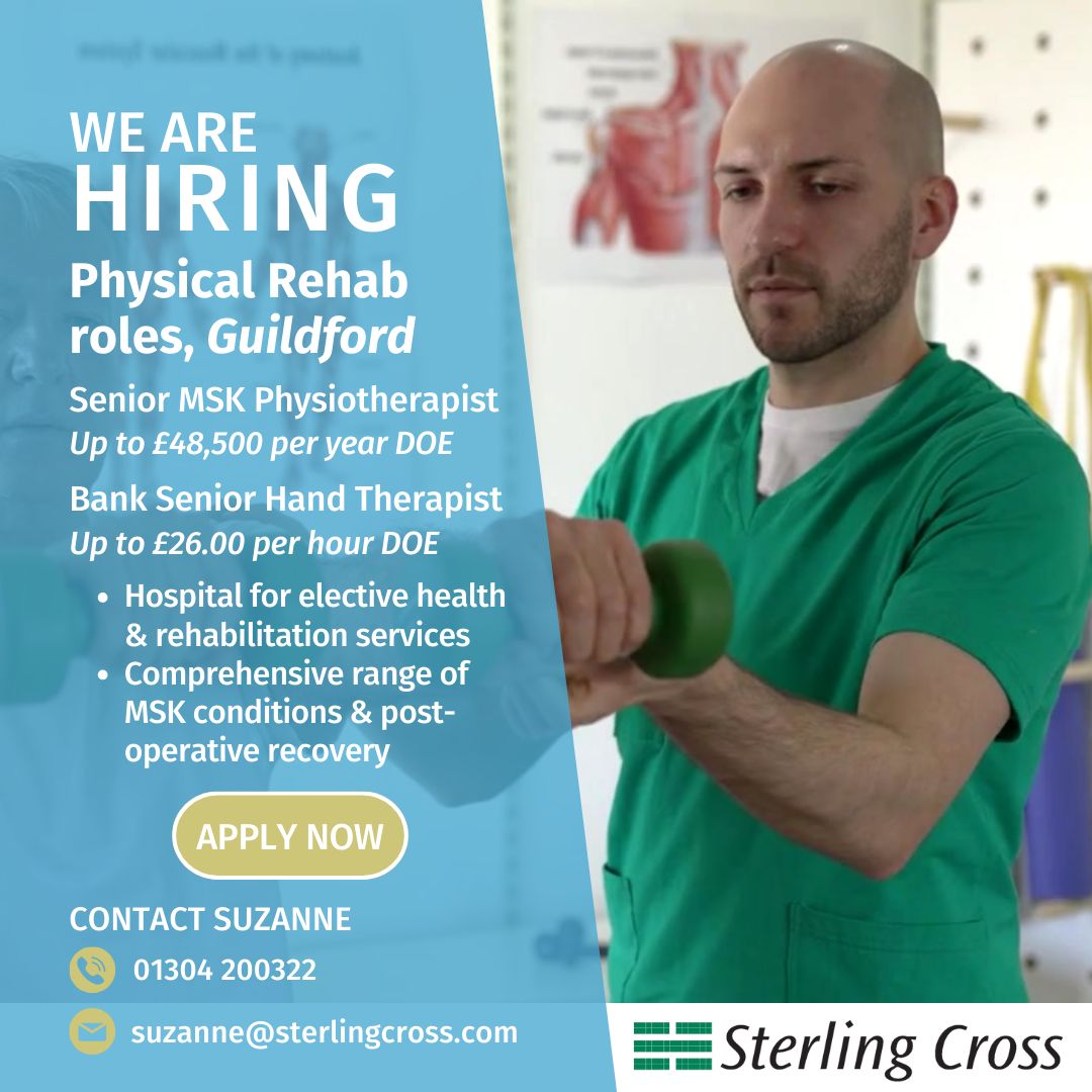 Top-level #Guildford #rehabilitation services now seek a Clinical #Physiotherapist & #HandTherapist to join the team! Highly varied - sports & trauma injuries, chronic conditions, post-op & more ✋🦵 Contact #Suzanne @ 01304 200322 / suzanne@sterlingcross.com
#physiojobs #OTjobs