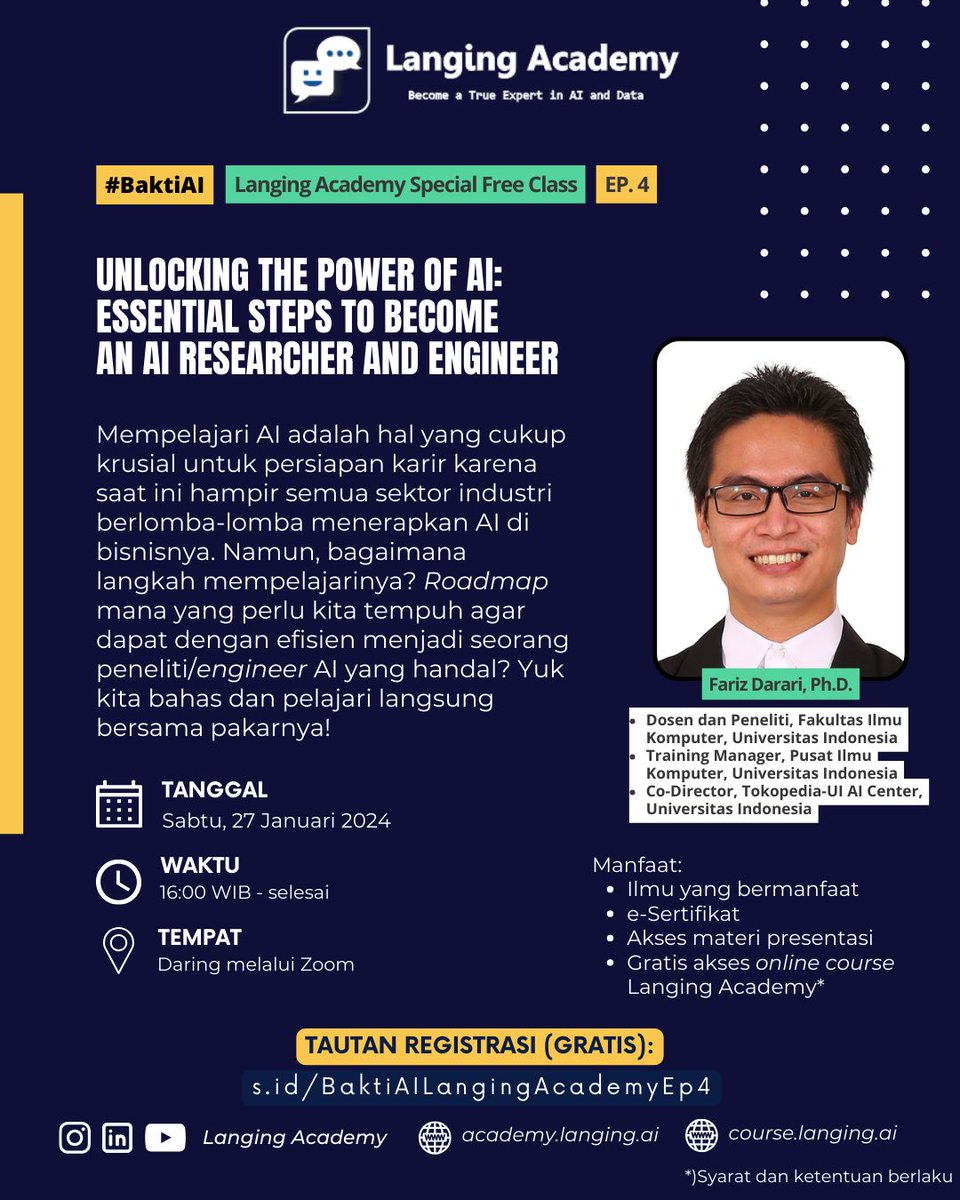 mrlogix's tweet image. Proud to be a speaker at:

*Free Class - Unlocking the Power of AI: Essential Steps to Become an AI Researcher and Engineer*

Go register now: s.id/BaktiAILanging…

#AI #ArtificialIntelligence #FasilkomUI #UniversitasIndonesia