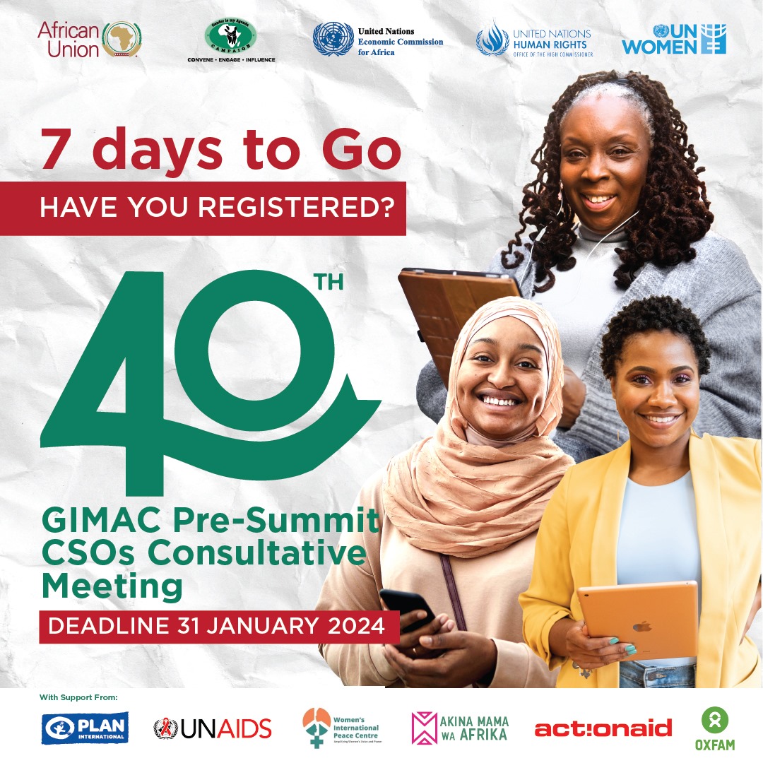 🚨 7 Days Left! 📷 Join us for the #40GIMAC Pre-Summit CSOs Meeting - RegistrationLink👇 shorturl.at/rstPX @RsFawe @TheWIPCentre @OIFrancophonie @OxfaminAfrica @ActionAid @AdamaNDiop @UNAIDS_AU_ECA @PlanAULiaison @unwomenAU @OHCHR_EARO @AUBinetaDiop @maprude @vanyaradzayi