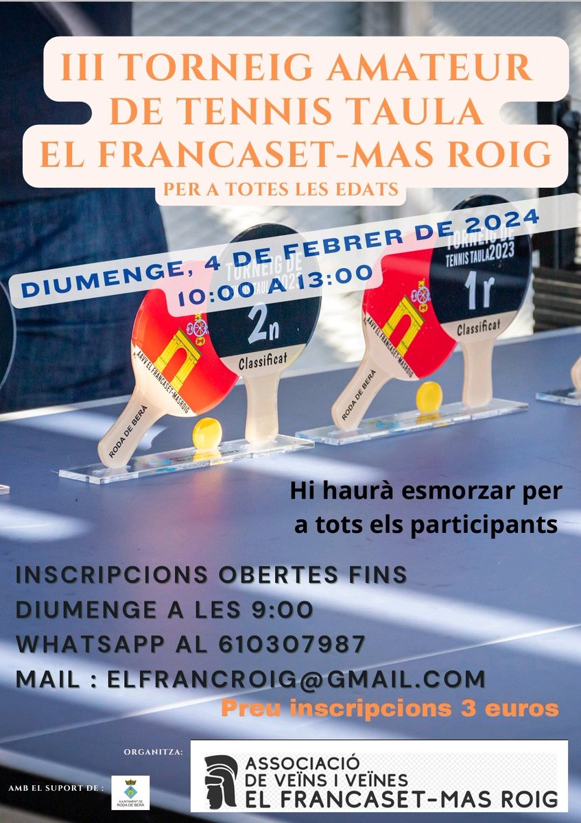ElFrancRoig's tweet photo. Bon día, ja tenim data pel III Torneig de tennis taula del Francaset-Mas Roig , apunta't i participa. Mes info al 610307987. @ajrodadebera @favrodadebera #FrancasetMasRoig #tennistaula #pingpong #RodadeBerà
#RdBtestimo https://t.co/d8JiWwE2aw