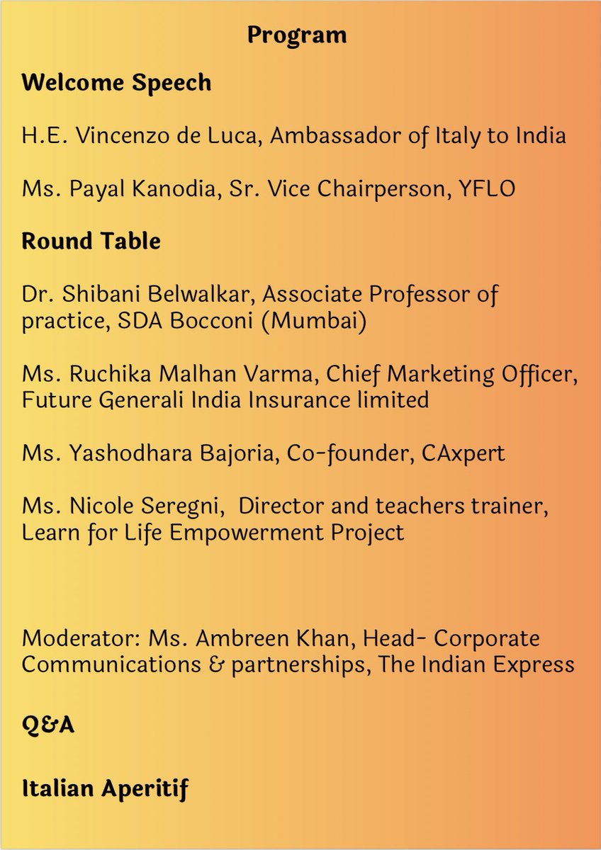 Among the initiatives promoted as EU Gender Champion, the Italian Embassy in New Delhi is glad to present “Working 4 Parity”. Keynote speakers will discuss about Women's journeys and best practices in Indian Professional Environments.
 
Don’t forget to RSVP! 
#EuGenderChampion