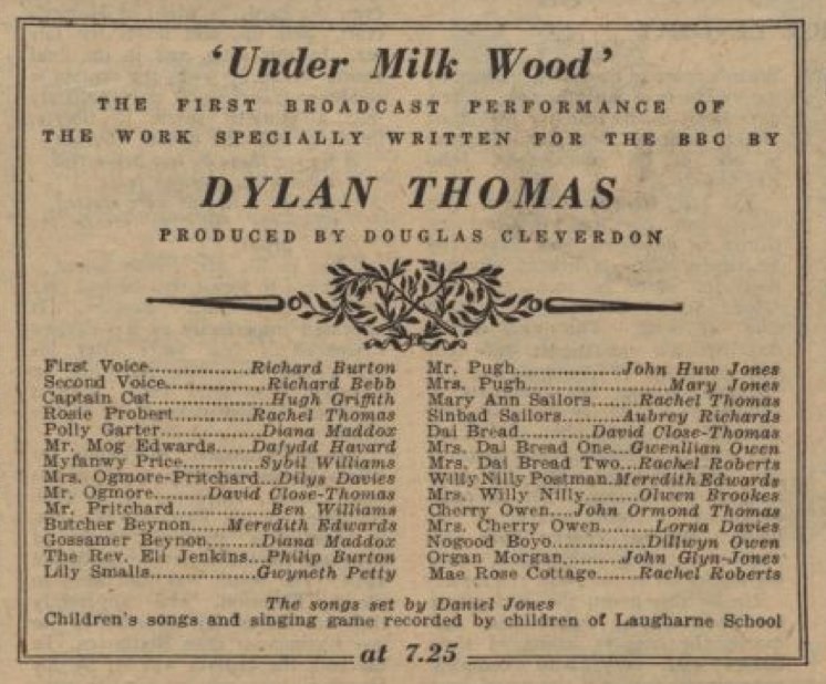 Sadly I've had to put this feed, my 10 year labour of love, into hibernation. However I couldn't miss marking the 70th anniversary of one of the finest pieces of broadcasting these islands have produced. Happy 70th birthday to the classic BBC production of Under Milk Wood