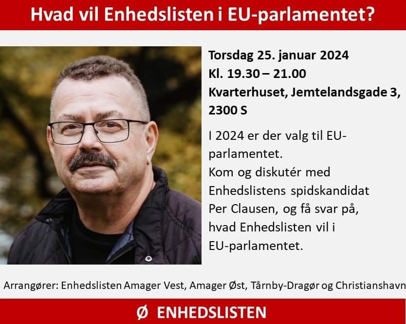 simonga_s's tweet image. Kalder alle kammerater,
Kom forbi i aften kl 19:30 i Kvarterhuset, og hør Enhedslistens spidskandidat til europaparlamentsvalget @PerClausen3
(arrangementet er stablet på benene i samarbejde med Enhedslistens afdelinger på Amager)
#dkpol