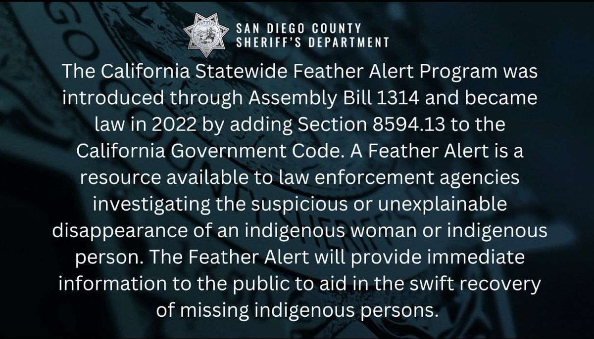 SDSheriff's tweet image. Read @SDSheriff Kelly A. Martinez’s statement on testifying before the California State Assembly Select Committee on Native American Affairs and the implementation of the #FeatherAlert. Thank you to @AsmJamesRamos for convening today’s hearing.