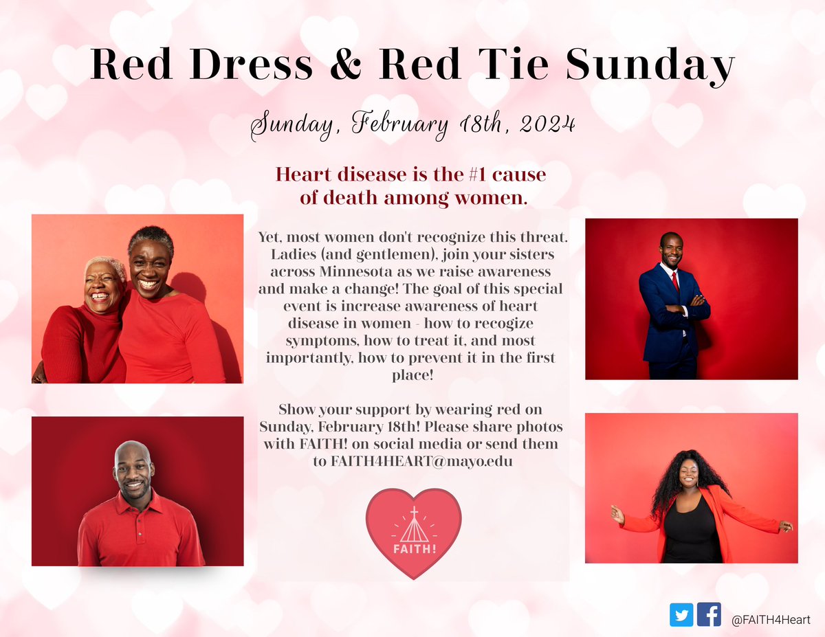 🗓️ Save the date! We are looking forward to our highly anticipated annual Red Dress & Red Tie Sunday! 

Be sure to tag us in your photos! 📸 

@DrLaPrincess @MayoClinicCV @WHMayoClinic @SharonneHayes 

#HeartHealthMonth #AHA #RedDress #RedTie #RedOnSundays