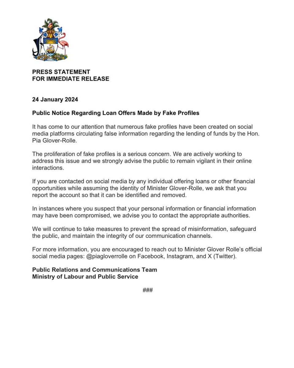 PiaGloverRolle's tweet photo. FOR IMMEDIATE RELEASE.
Public Notice Regarding Loan Offers Made by Fake Profiles https://t.co/RW2A226Cw5