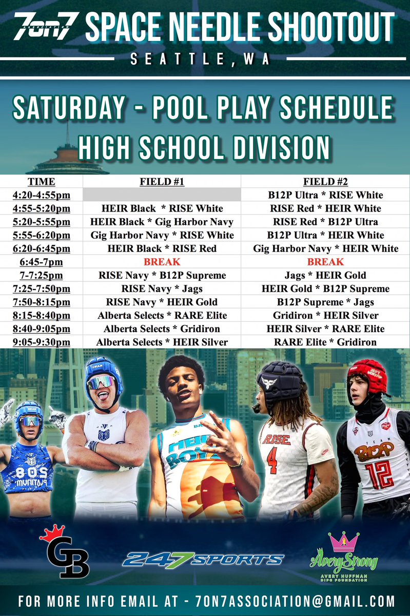 The7on7NW's tweet photo. Year 3 of the Space Needle Shootout is set! 🏈 Here are the games for the High School Age divisions. All pool play schedules will be posted Friday on Zorts. Game results, seeding and elimination brackets as well. It’s go time!🏆 https://t.co/6gWcHIj1sf