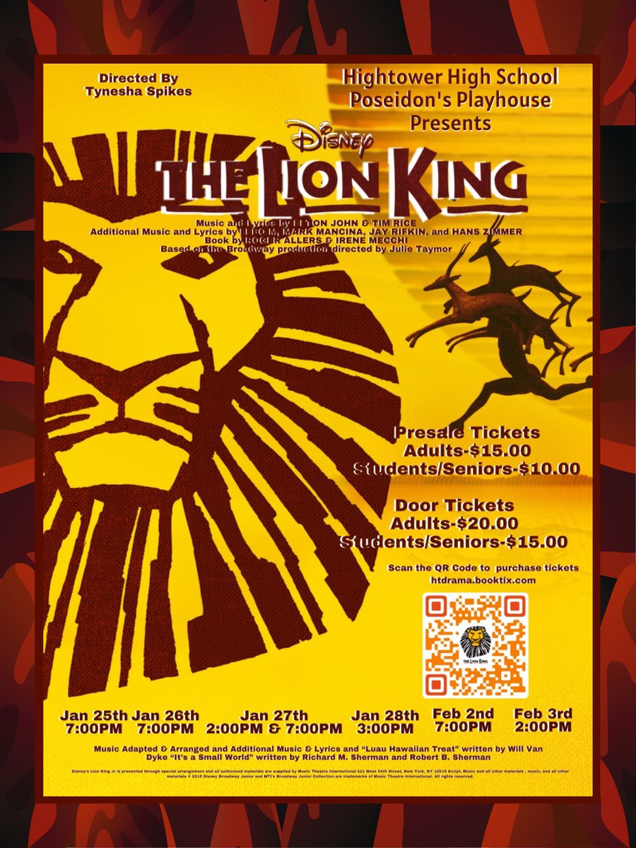 BE PREPARED🦁👑‼️ For the Show of A Lifetime Presented by Hightower Highschool's Poseidon's Playhouse Ensemble🔥 Come Witness '👑THE LION KING🦁' On Dates: 🎟️Jan 25th @7pm 🎟️Jan 26th @7pm 🎟️Jan 27th @2pm & @7pm 🎟️Jan 28th @3pm 🎟️Feb 2nd @7pm 🎟️Feb 3rd @2pm