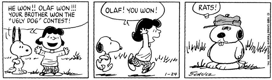 PeanutsNoCont's tweet photo. Fun Fact: Snoopy’s brother Olaf first debuted in the Peanuts comic strip 35 years ago today on January 24, 1989! https://t.co/9diryYsHqZ