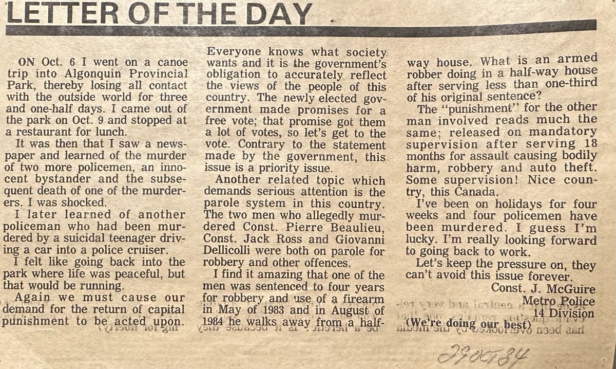 On October 29th 1984, as a 25 year old cop, I wrote this letter to ⁦<a href="/TheTorontoSun/">Toronto Sun</a>⁩ . 40 years, and many many more victims, later I’m still advocating for the appropriate control of repeat violent offenders in the interest of public safety. #SomethingHasToChange