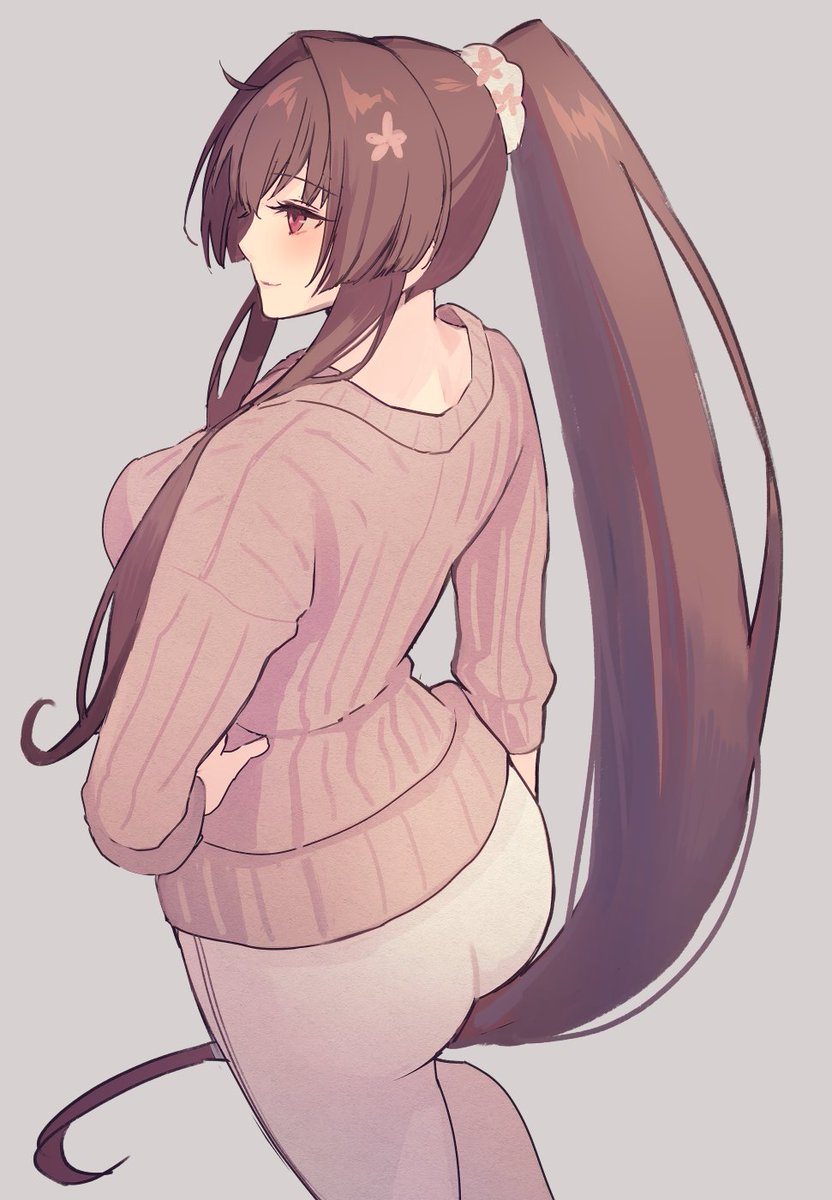 yamato (kancolle) 1girl long hair solo brown hair sweater brown sweater ponytail  illustration images
