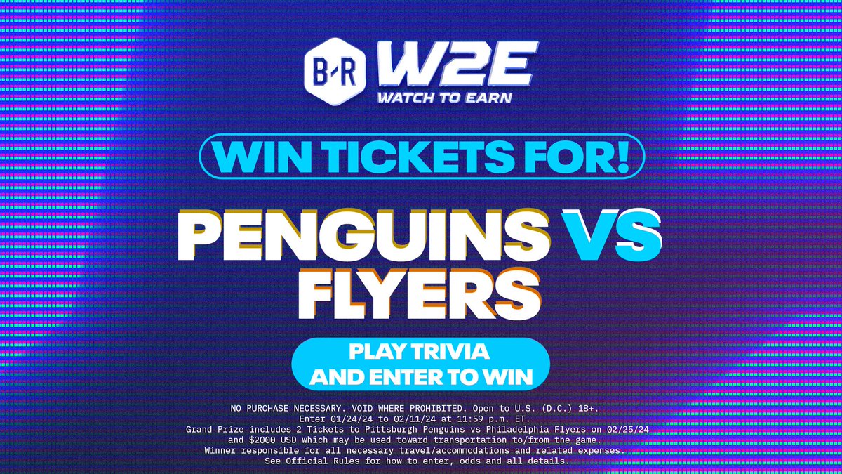 W2E's tweet image. B/R Watch 2 Earn is bringing YOU an exclusive chance to win in our NHL sweepstakes. Play trivia and enter to win NHL tickets to watch Penguins vs. Flyers in Pittsburgh, PA! Grand Prize includes 2 Tickets to Pittsburgh Penguins vs Philadelphia Flyers on 02/25/24
and $2000 USD…