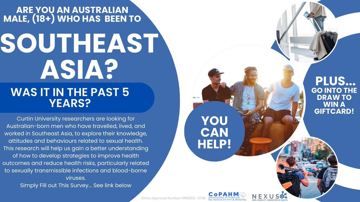 Are you an Australian male over 18 years old &amp; have travelled to Southeast Asia in the past 5 years? You can help!

See the image below for more details about this new research project by Curtin University 👇 

Participate here 👉 buff.ly/47Csp4V