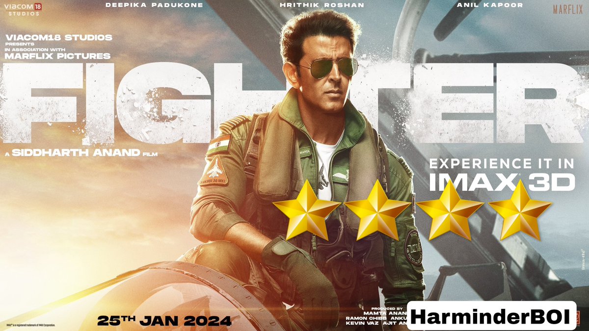 HarminderBOI's tweet photo. BLOCKBUSTER #Fighter:🌟🌟🌟🌟

Fighter is an exhilarating air battle movie with Hrithik Roshan's brilliant performance proving his versatility. Deepika Padukone shines, and director Sidharth Anand delivers a fantastic experience. The chemistry between Hrithik and Deepika is mind-blowing. Engaging storyline, impressive CGI, and a must-watch in theaters. Goosebumps-inducing action, top-notch direction, and a fitting tribute to our bravehearts.

 DON'T MISS IT!!!!!!

#FighterReview
