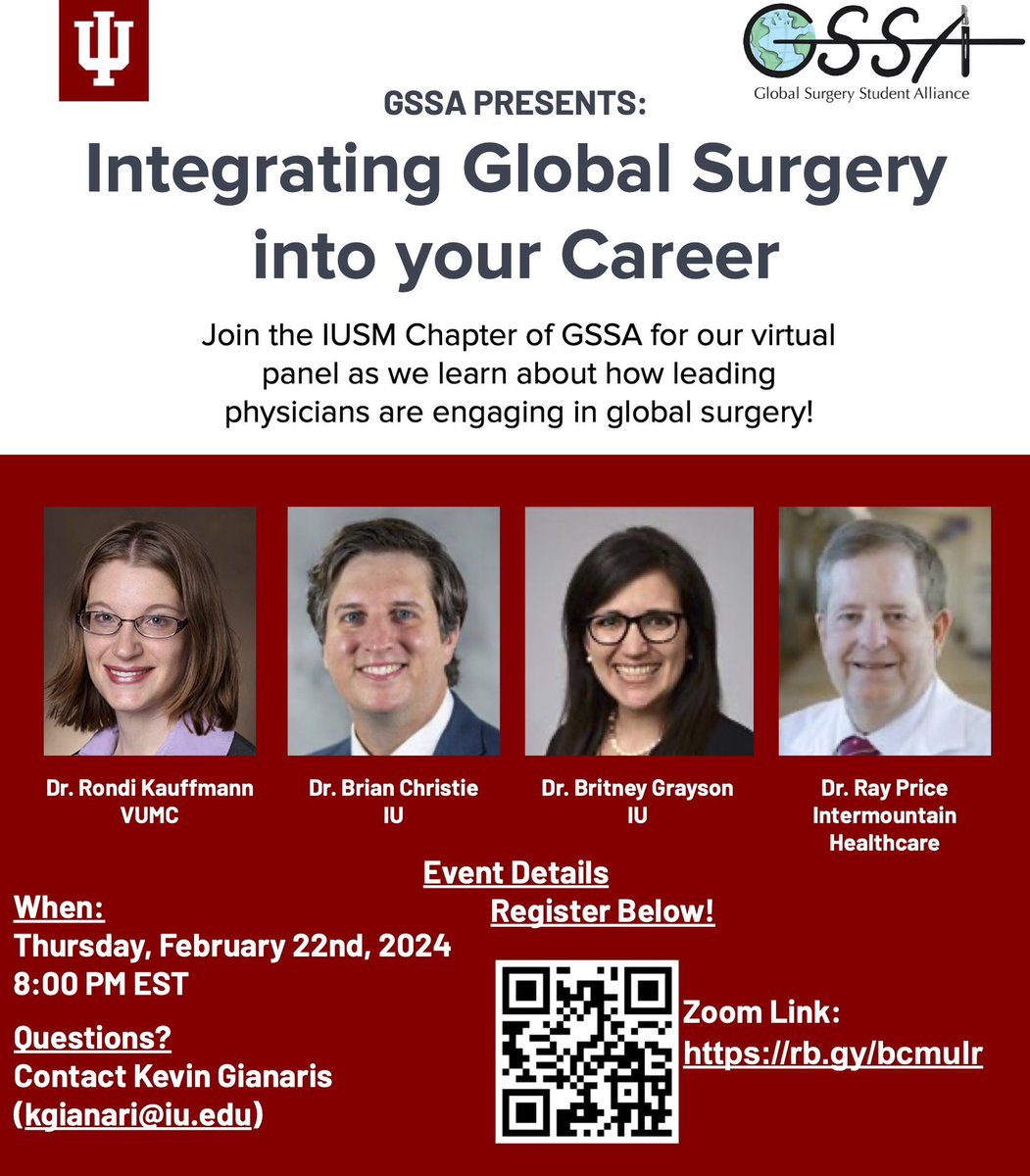 Join IUSM in learning about the endless possibilities and the path of global surgery excellence! Sign up with the QR code below! #careerdevelopment #surgeon #GlobalHealth #medicalstudent