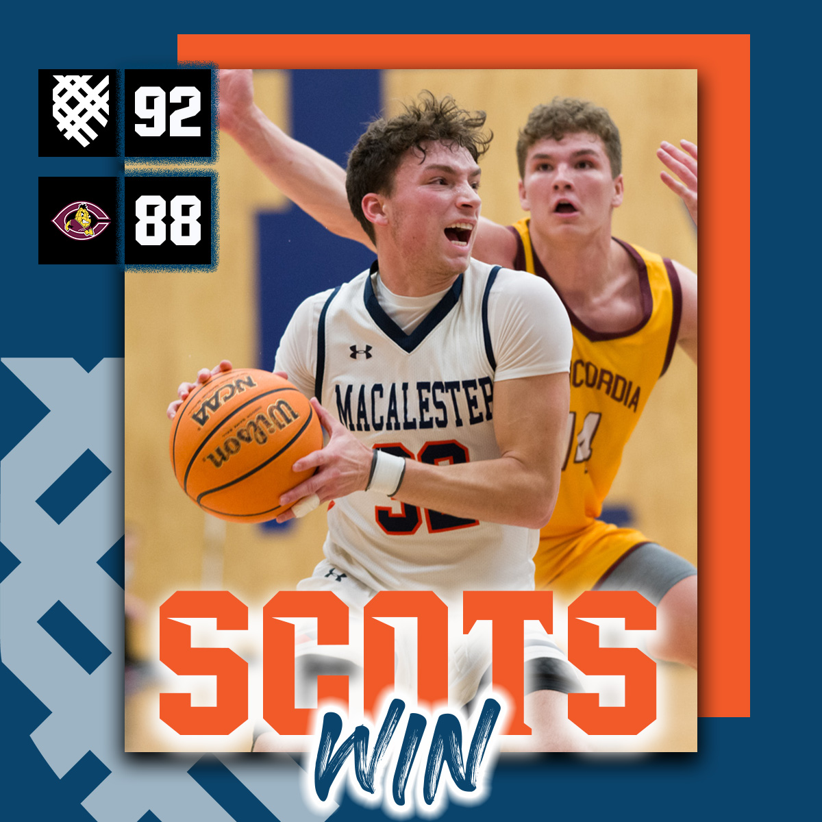SCOTS WIN! 51 big ones for @_CalebWilliams3 in a big road win for @MacalesterMBB! #ScotsWin #GoScots #heymac
