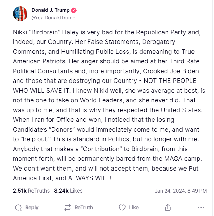 JackPosobiec's tweet photo. Trump just stated anyone who donates to Haley from this moment forth is banned from MAGA https://t.co/EmOmJ1R049