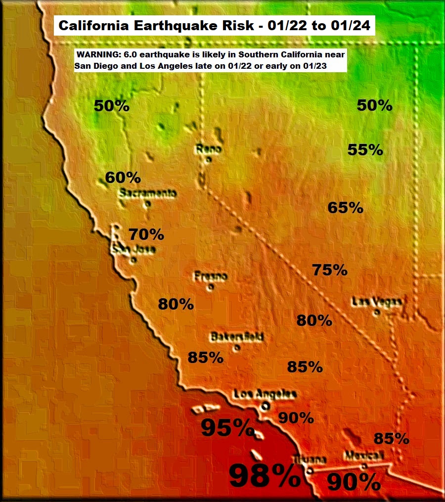 Quakeprediction's tweet image. 4.2 earthquake (likely foreshock) hits the Los Angeles Basin - WARNING: 6.2+ earthquake is likely in the San Diego to San Francisco Bay area - 01/24 to 01/28 (most likely in the Los Angeles to San Diego area) -  quakeprediction.com/Los%20Angeles%……