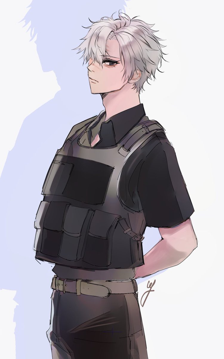 1boy male focus arms behind back solo bulletproof vest shirt white hair  illustration images