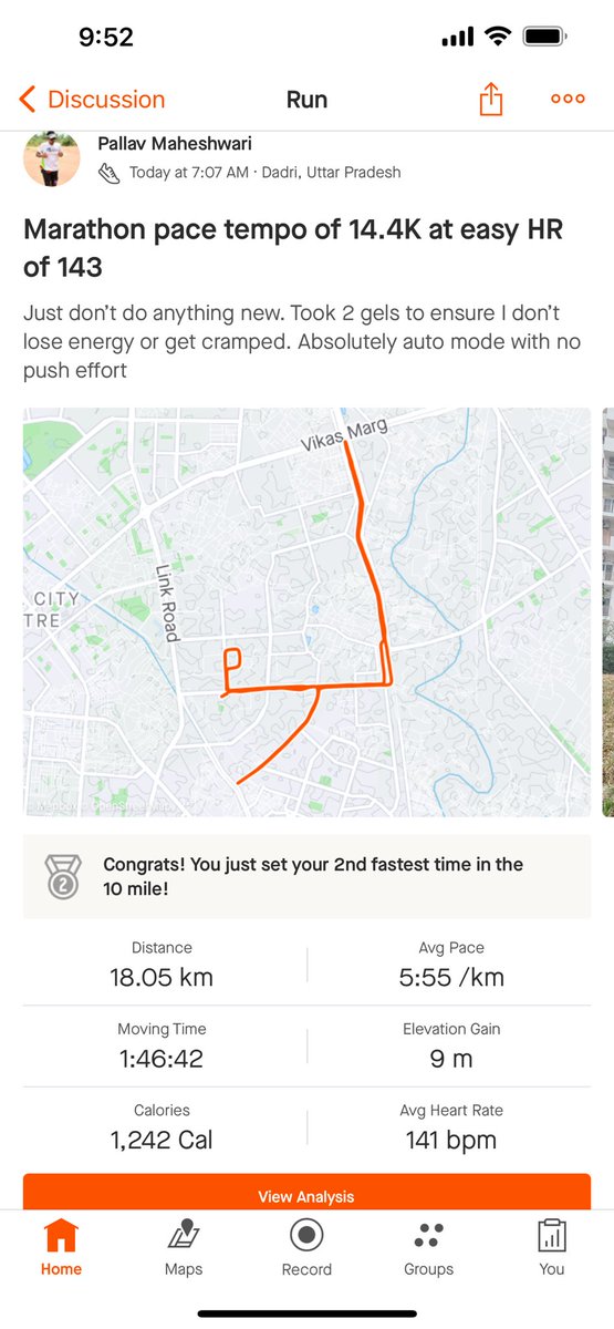 Happiness of a great workout. 14.4K tempo at my marathon pace range of 5:35 with a 143 bpm HR in perfect weather conditions of Noida. #gothedistance #rundelhirun #newdelhimarathon #hansonmethod
