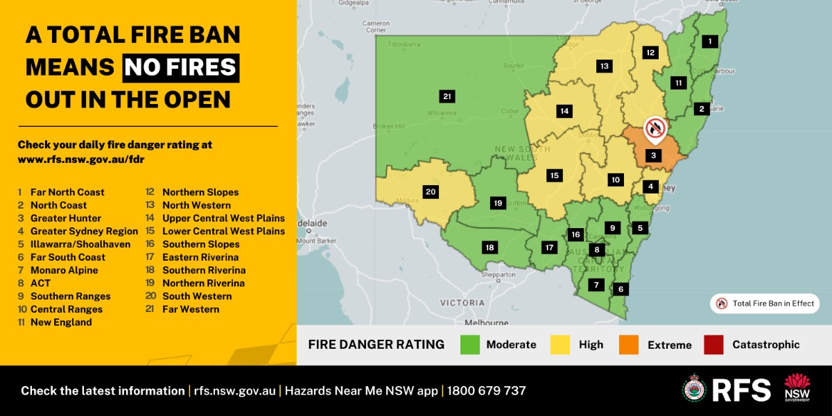 A Total Fire Ban will be in place tomorrow, Friday 26 January for the Greater Hunter area. Hot and windy conditions are forecast across NSW, with several areas expected to experience high fire danger. Report all unattended fires to Triple Zero (000). rfs.nsw.gov.au/fdr