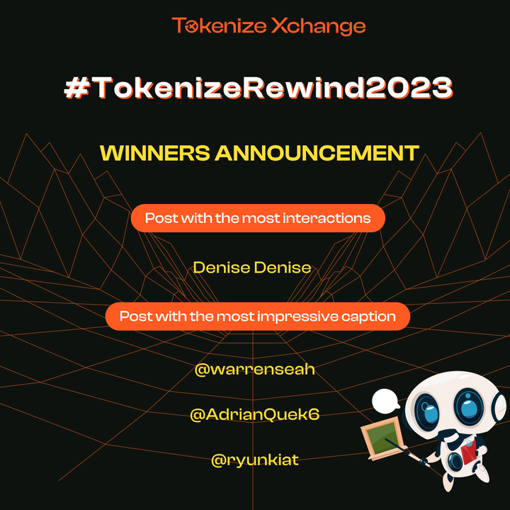 TokenizeXchange's tweet photo. Let's take a moment to congratulate all of the winners of #TokenizeRewind2023!
🥰And to our beloved users, thank you for your unwavering support and love. We couldn't have done it without you!
🚀Let's jump into 2024 with a spring in our step and a heart full of joy and hope! https://t.co/YkXBbnnjIs