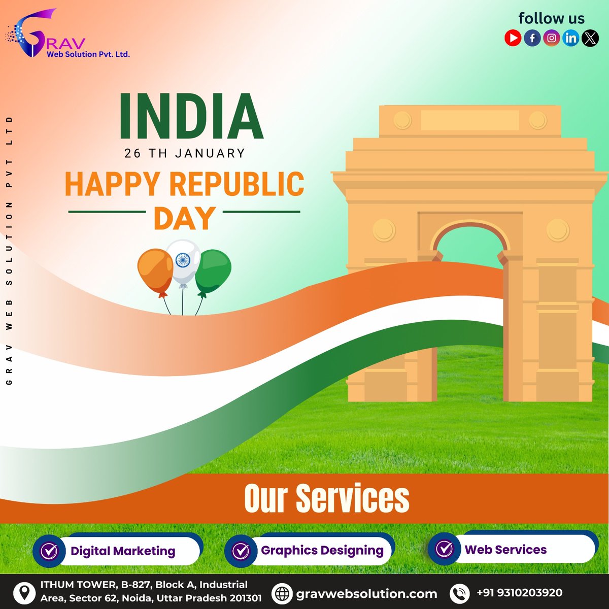 gravwebsolution's tweet image. 𝐆𝐫𝐚𝐯 𝐖𝐞𝐛 𝐒𝐨𝐥𝐮𝐭𝐢𝐨𝐧 𝐏𝐯𝐭 𝐋𝐭𝐝
𝐇𝐚𝐩𝐩𝐲 𝐑𝐞𝐩𝐮𝐛𝐥𝐢𝐜 𝐃𝐚𝐲 from 𝐆𝐫𝐚𝐯 𝐖𝐞𝐛 𝐒𝐨𝐥𝐮𝐭𝐢𝐨𝐧 𝐏𝐯𝐭 𝐋𝐭𝐝! Celebrating the spirit of unity, freedom, and progress. 🎉
.
📞+𝟗𝟏 𝟖𝟏𝟑𝟎𝟒𝟐𝟓𝟕𝟏𝟎, 𝟖𝟖𝟎𝟎𝟖𝟕𝟑𝟎𝟓𝟔

#RepublicDay #gravwebsolution