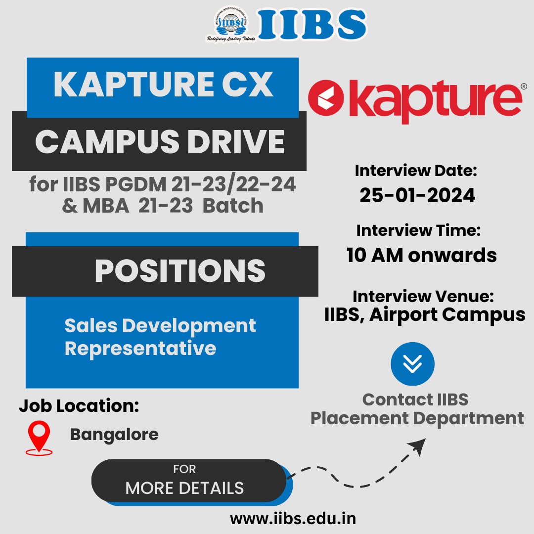 #Kapture CX is at IIBS Airport Campus for the Recruitment of #Sales Development Representatives! Calling all IIBS PGDM 21-23/22-24 & MBA 21-23 Batch students to attend the #interview and kickstart your career journey.

#KaptureCX #RecruitmentDrive #jobfair #placement #campusdrive