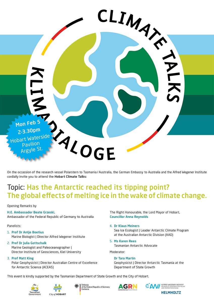 German Embassy AUS (@germanyinoz) on Twitter photo ‼️Join us for Hobart Climate Talk‼️
Has 🇦🇶 reached its tipping point? What are the 🌏effects in the wake of climate change? Leading scientists discuss this
⏰ on Feb. 5, 2pm
📍in Hobart or online <a href="/awi/">Laura Gordillo Pérez</a>
Register: bit.ly/3SFY1Tj
Livestream: bit.ly/498gJrM ‼️Join us for Hobart Climate Talk‼️
Has 🇦🇶 reached its tipping point? What are the 🌏effects in the wake of climate change? Leading scientists discuss this
⏰ on Feb. 5, 2pm
📍in Hobart or online <a href="/awi/">Laura Gordillo Pérez</a>
Register: bit.ly/3SFY1Tj
Livestream: bit.ly/498gJrM