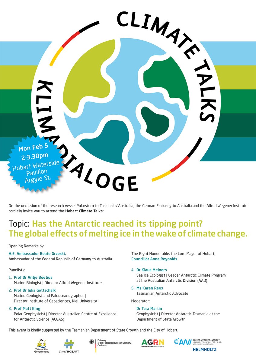 ‼️Join us for Hobart Climate Talk‼️ Has 🇦🇶 reached its tipping point? What are the 🌏effects in the wake of climate change? Leading scientists discuss this ⏰ on Feb. 5, 2pm 📍in Hobart or online @awi Register: bit.ly/3SFY1Tj Livestream: bit.ly/498gJrM