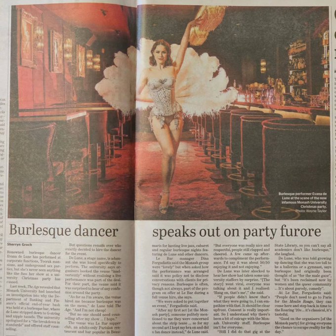 A mention on the front page of @theage and a spread over page 2-3 💃  Looks like the article has also<a class="tags" target="_blank" title="On Twitter" href="/?out=eyJ0eXAiOiJKV1QiLCJhbGciOiJIUzUxMiJ9.eyJpYXQiOjE3MjExMjM0NTksImlzcyI6InR3cG9ybnN0YXJzLmNvbSIsIm5iZiI6MTcyMTEyMzQ1OSwiZXhwIjoxNzUyNjU5NDU5LCJyZWRpcmVjdF91cmwiOiJodHRwczovL3R3aXR0ZXIuY29tL3RoZWFnZSJ9.0mmHcD6WWKdhRkZjVngbajRQuOewKxfhkM2nk8OJhKjAMhbf24noLL9gH60GhiHADqCeFWH08tcwucrtQR69Gg">@theage</a><a href="/tag/dancer"class="tags"><span>#dancer</span></a><a href="/tag/burlesque"class="tags"><span>#burlesque</span></a><a href="/tag/showgirl"class="tags"><span>#showgirl</span></a>