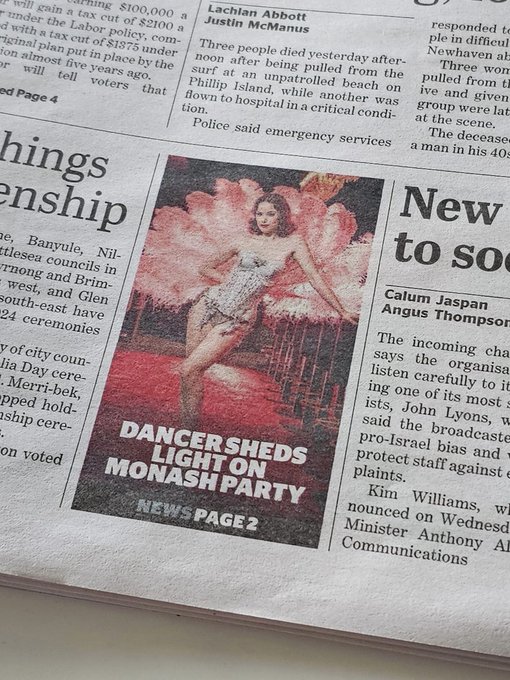 A mention on the front page of @theage and a spread over page 2-3 💃  Looks like the article has also<a class="tags" target="_blank" title="On Twitter" href="/?out=eyJ0eXAiOiJKV1QiLCJhbGciOiJIUzUxMiJ9.eyJpYXQiOjE3MjExMjM0NTksImlzcyI6InR3cG9ybnN0YXJzLmNvbSIsIm5iZiI6MTcyMTEyMzQ1OSwiZXhwIjoxNzUyNjU5NDU5LCJyZWRpcmVjdF91cmwiOiJodHRwczovL3R3aXR0ZXIuY29tL3RoZWFnZSJ9.0mmHcD6WWKdhRkZjVngbajRQuOewKxfhkM2nk8OJhKjAMhbf24noLL9gH60GhiHADqCeFWH08tcwucrtQR69Gg">@theage</a><a href="/tag/dancer"class="tags"><span>#dancer</span></a><a href="/tag/burlesque"class="tags"><span>#burlesque</span></a><a href="/tag/showgirl"class="tags"><span>#showgirl</span></a>
