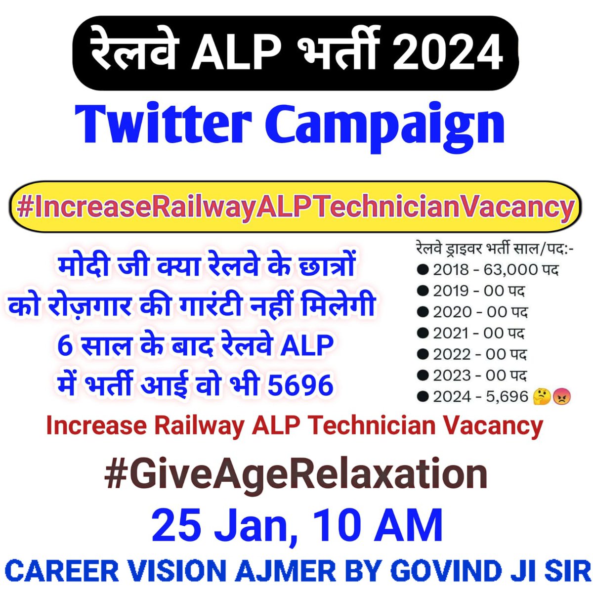 #IncreaseRailwayALPTechnicianVaccancy #GiveAgeRelaxsation    हमारी मांग ALP का Vacancy increase करे <a href="/AshwiniVaishnaw/">Ashwini Vaishnaw</a>   
Technician का भी बड़ी मात्रा में Vacancy दें 
और अंतिम माँग - Railway vacancy का कैलेण्डर जारी करे !!