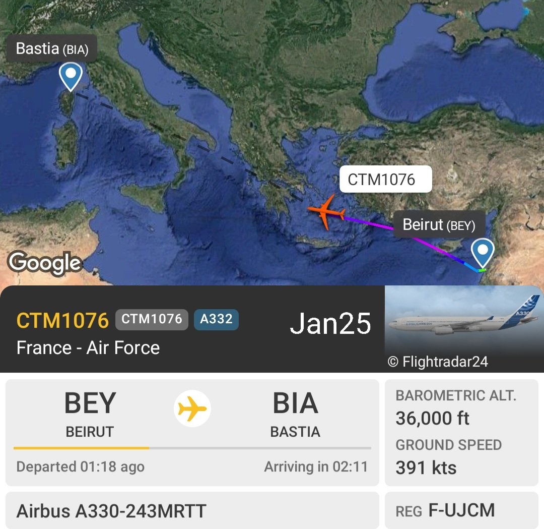 LebanonJets's tweet photo. Military: 2 year old/new #FUJCM #France AirForce #A330MRTT hex #3B7568 as #CTM1076 left #IstresLesTube Air Base near #Marseille late Thursday night, in #Beirut at 3:30am left at 5:30am to #Bastia Corsica https://t.co/DqvMutHgZ6
