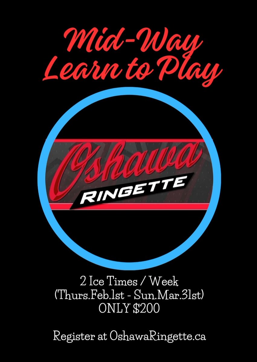 Our Mid-Way Learn to Play program is open for registration! 2 ice times a week from February 1st to March 31st 2024.  Cost of the program is $200.  Come on out and try ringette,  the fastest game on ice 🧊 Register at oshawaringette.ca or oshawaringette.rampregistrations.com