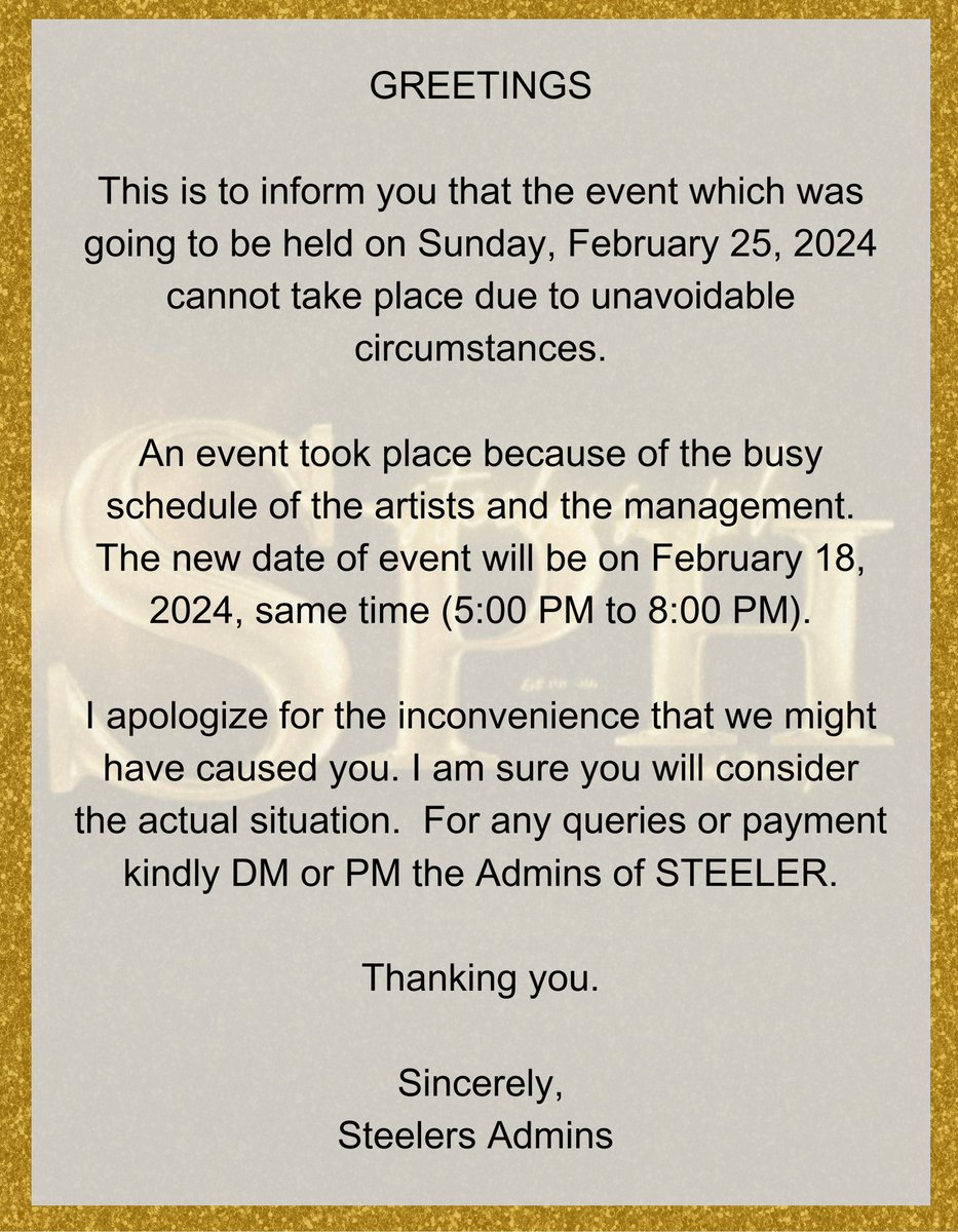 Steelers_ph's tweet photo. Hi! Steelers

A message from Steeler Admins regards to the changes of 2nd Fan Meet of Steel Remington.

Registration still open to everyone. Thank You for understanding.

https://t.co/ybwZhdI2td 

@asterisk_ph @kkristian08 https://t.co/IQItu7rxFv