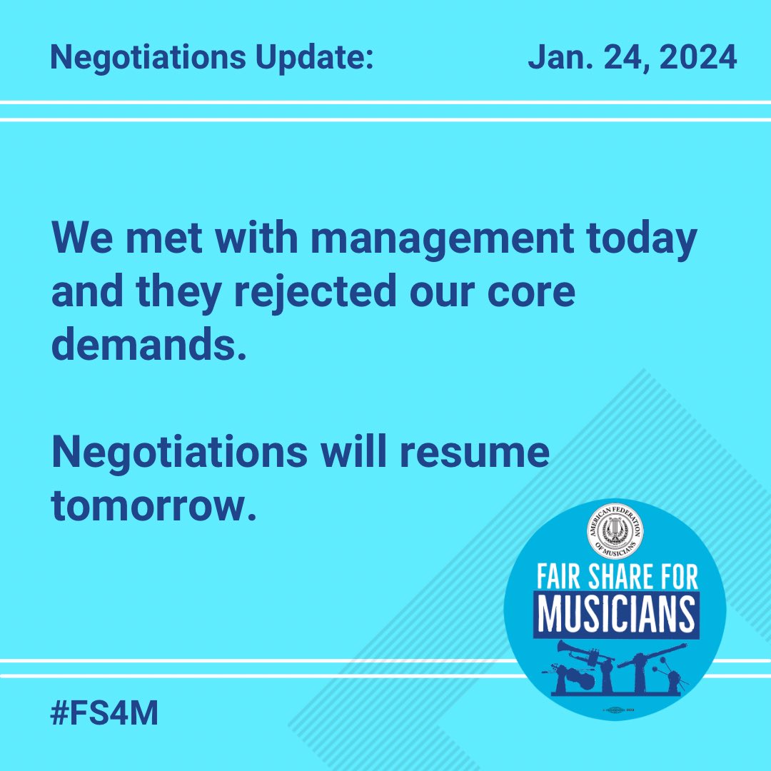 fairshare4music's tweet photo. Negotiations Update, Tuesday, January 24.  
We met with management today and they rejected our core demands. 
Negotiations will resume tomorrow. 
#FS4M https://t.co/iLUdp42BKh