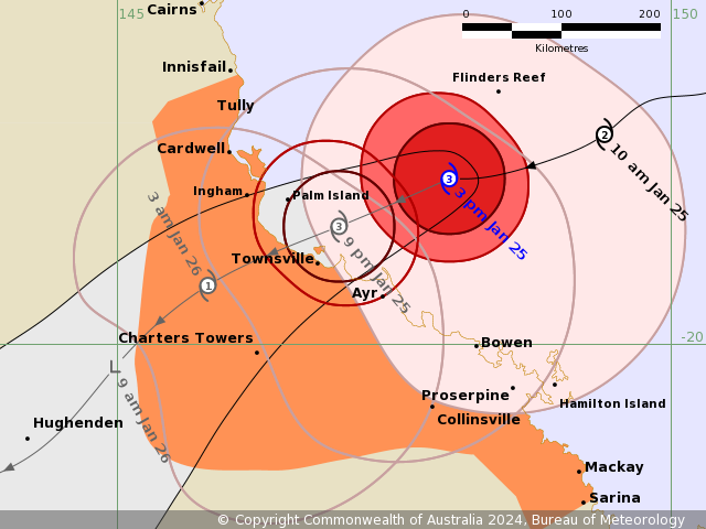 BOM_Qld's tweet photo. Tropical Cyclone Advice has been reissued, TC Kirrily has been upgraded to a Category 3 Severe Tropical Cyclone with wind gusts near the centre expected to reach 165km/h. The TC is expected to cross the coast near Townsville tonight: https://t.co/nicDlNvGtw https://t.co/8PUzD3Ea9D