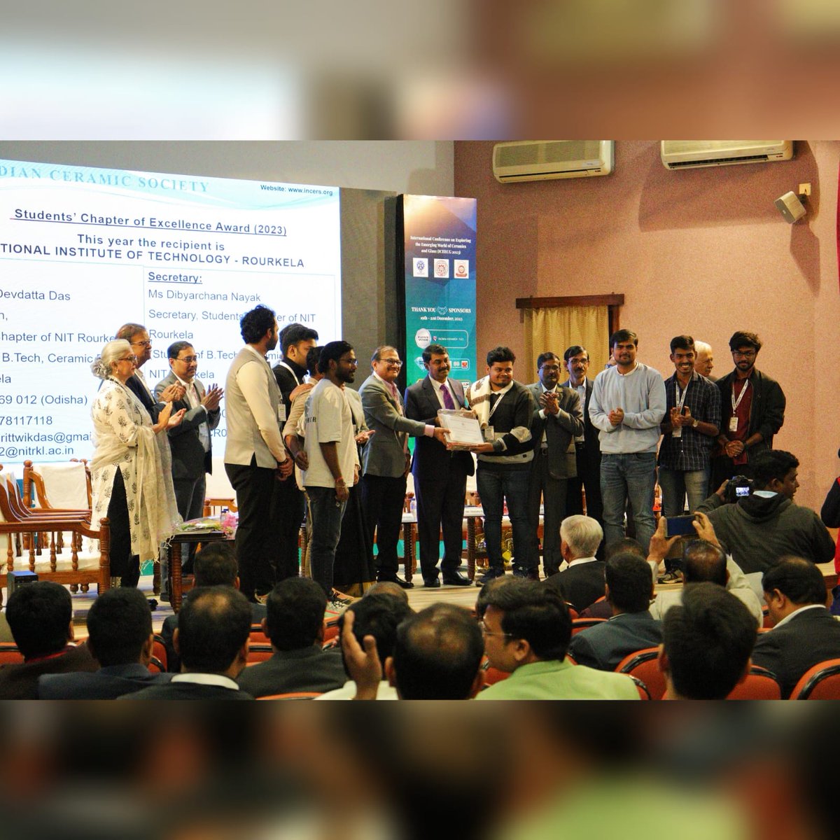nitrourkela's tweet photo. The student chapter of the Indian Ceramic Society at NIT Rourkela achieved the prestigious "Best Student Chapter of Excellence Award" for the second consecutive year at CSIR-CGCRI, Kolkata, during the 87th Annual Session of the Indian Ceramic Society. This accomplishment follows their initial win at IIT-BHU during the 86th Annual Session. Congratulations to the entire InCerS NITR Student Chapter team 💐

@EduMinOfIndia